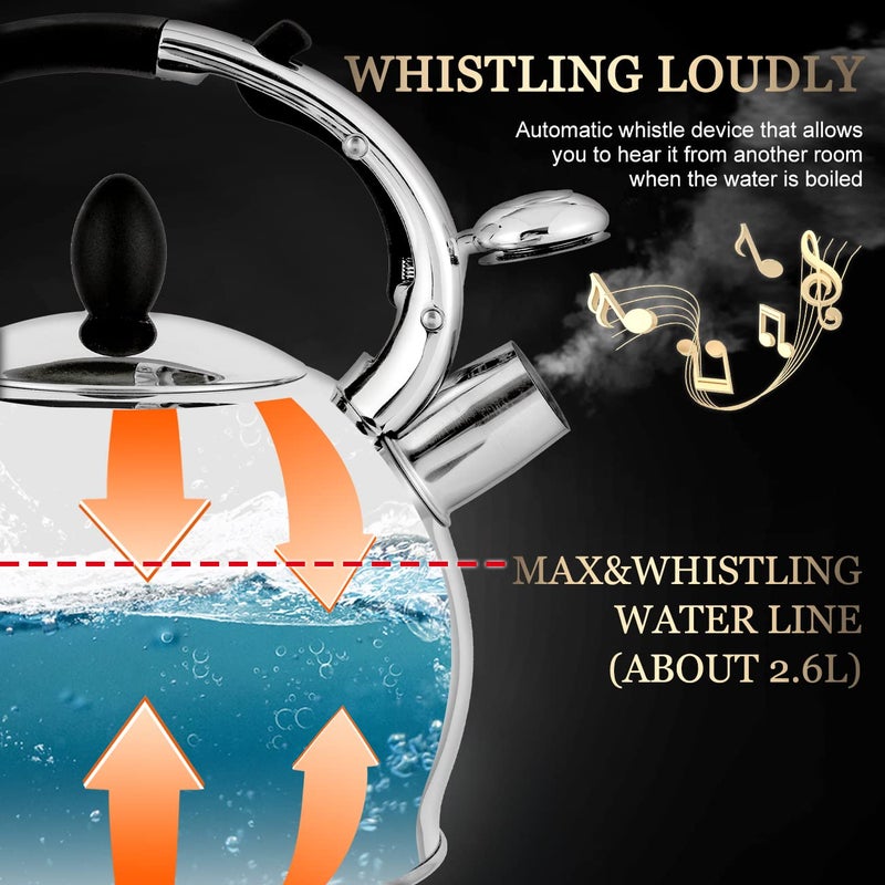 SUSTEAS Stove Top Whistling Tea Kettle - Food Grade Stainless Steel Teakettle Teapot with Cool Touch Ergonomic Handle, With 1 Silicone Pinch Mitt Included,2.64 Quart(SILVER) - Image 4